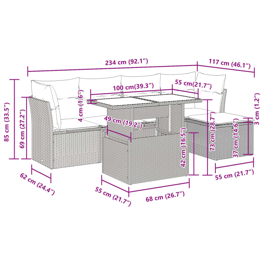 Set Divano da Giardino 6 pz con Cuscini Nero in Polyrattan