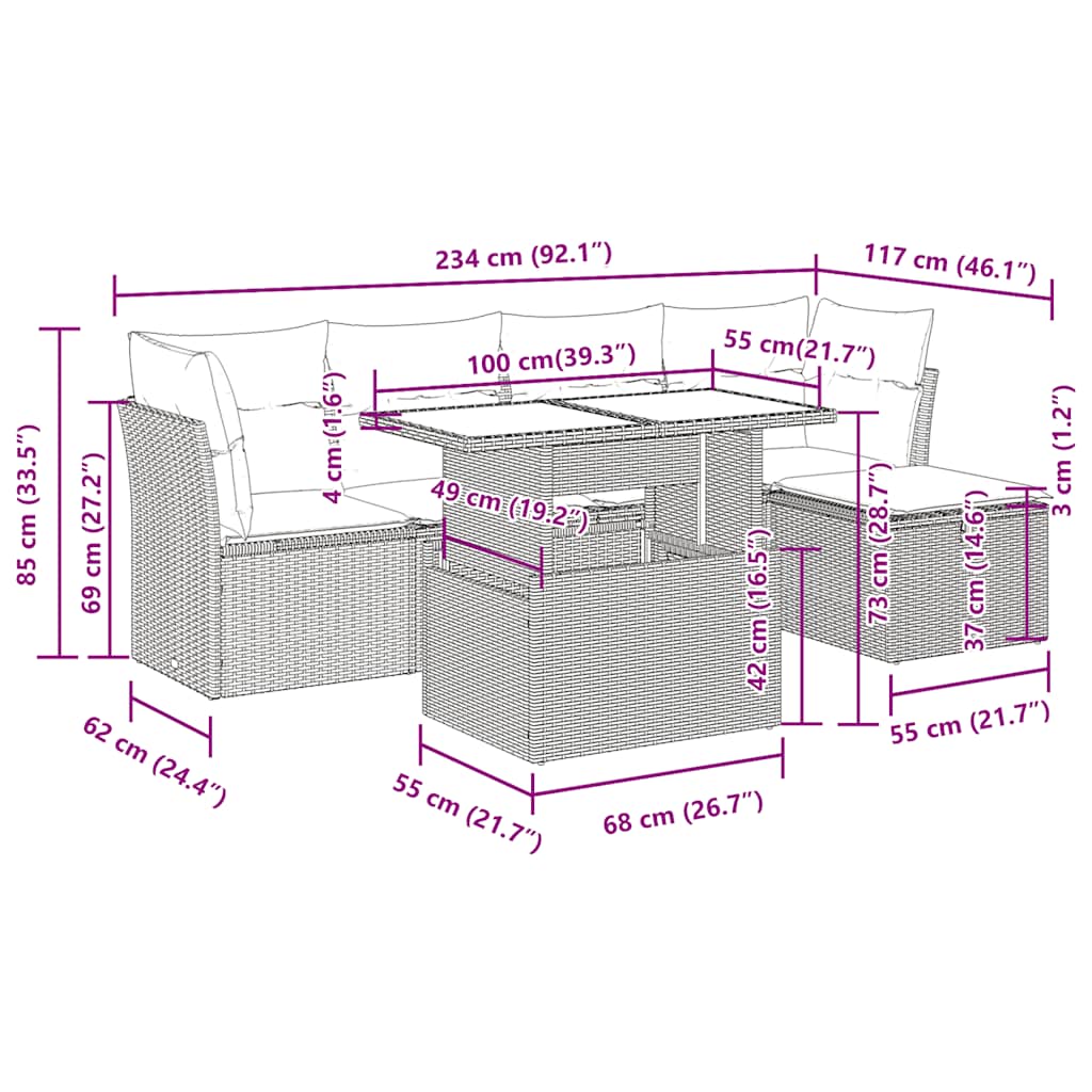 Set Divano da Giardino 6pz con Cuscini Grigio Polyrattan Acacia