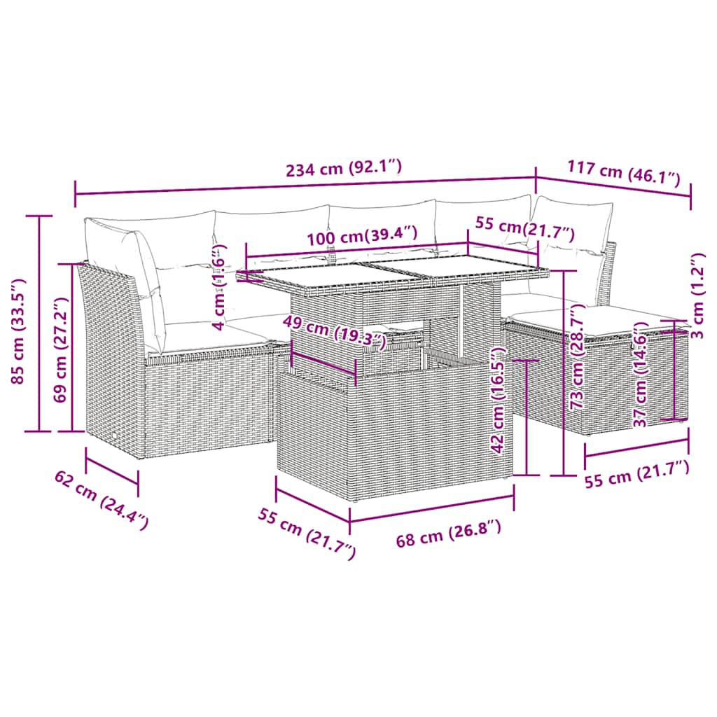 Set Divano da Giardino 6pz con Cuscini Grigio Chiaro Polyrattan