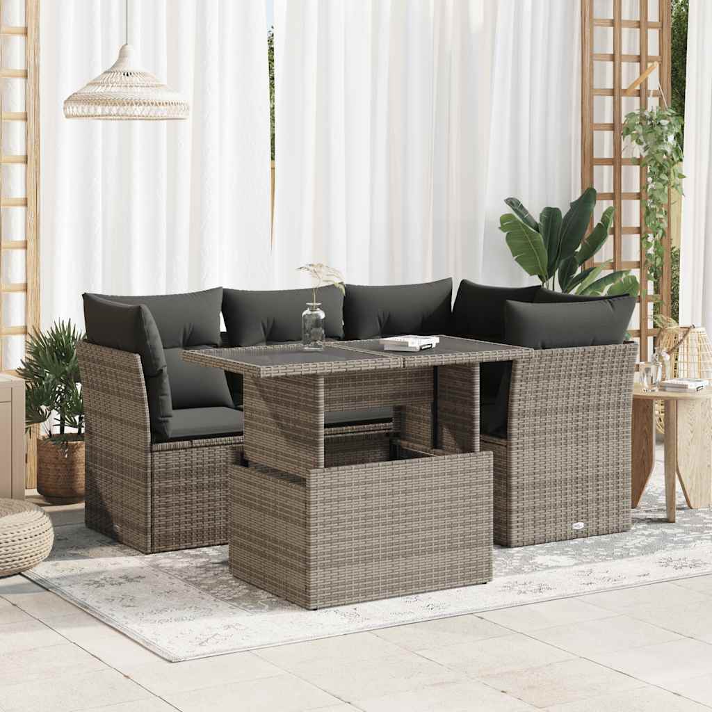 Set Divano da Giardino 5 pz con Cuscini Grigio in Polyrattan