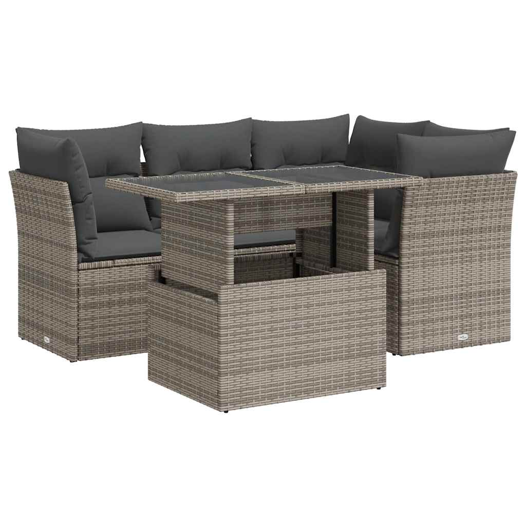 Set Divano da Giardino 5 pz con Cuscini Grigio in Polyrattan