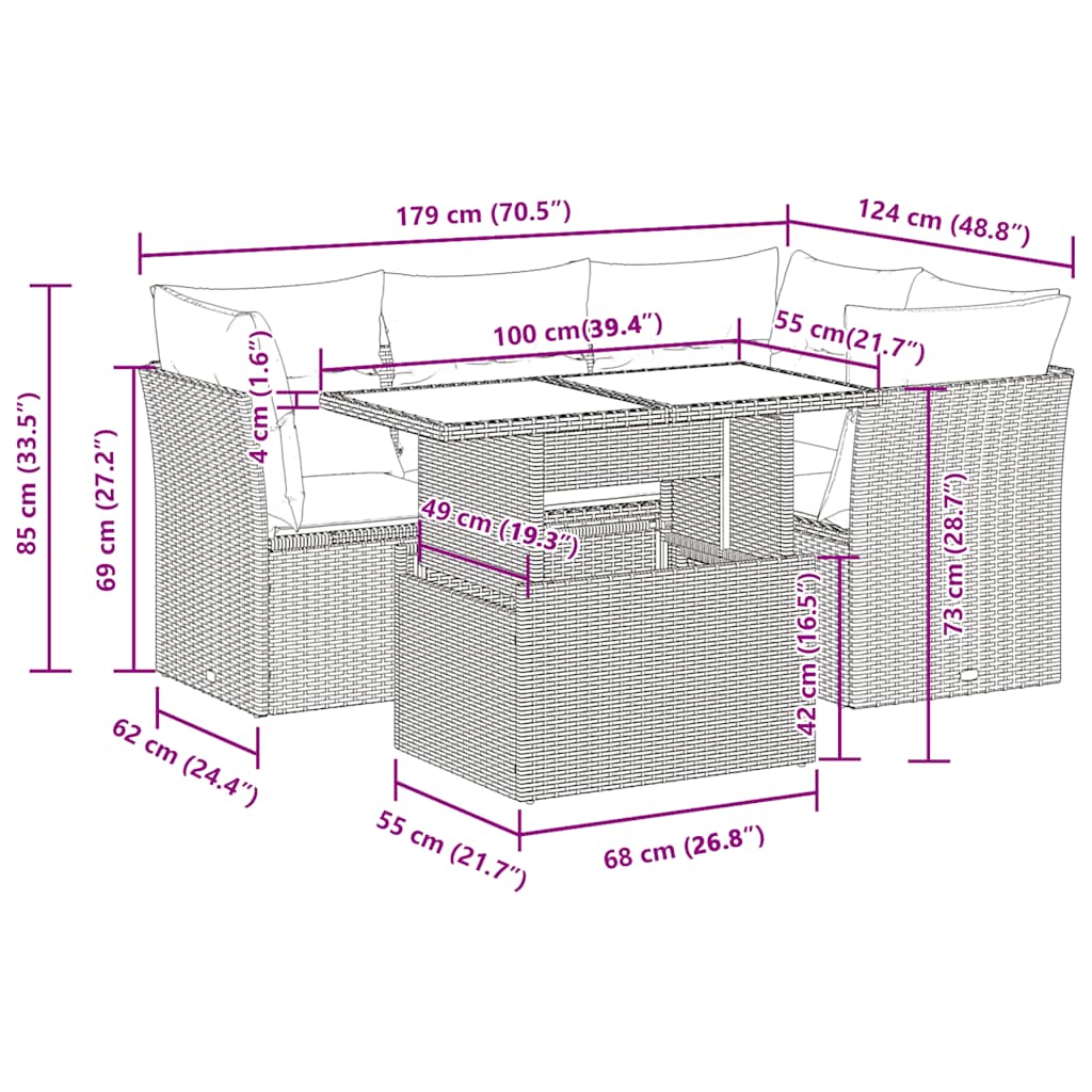 Set Divano da Giardino 5pz con Cuscini Grigio Chiaro Polyrattan