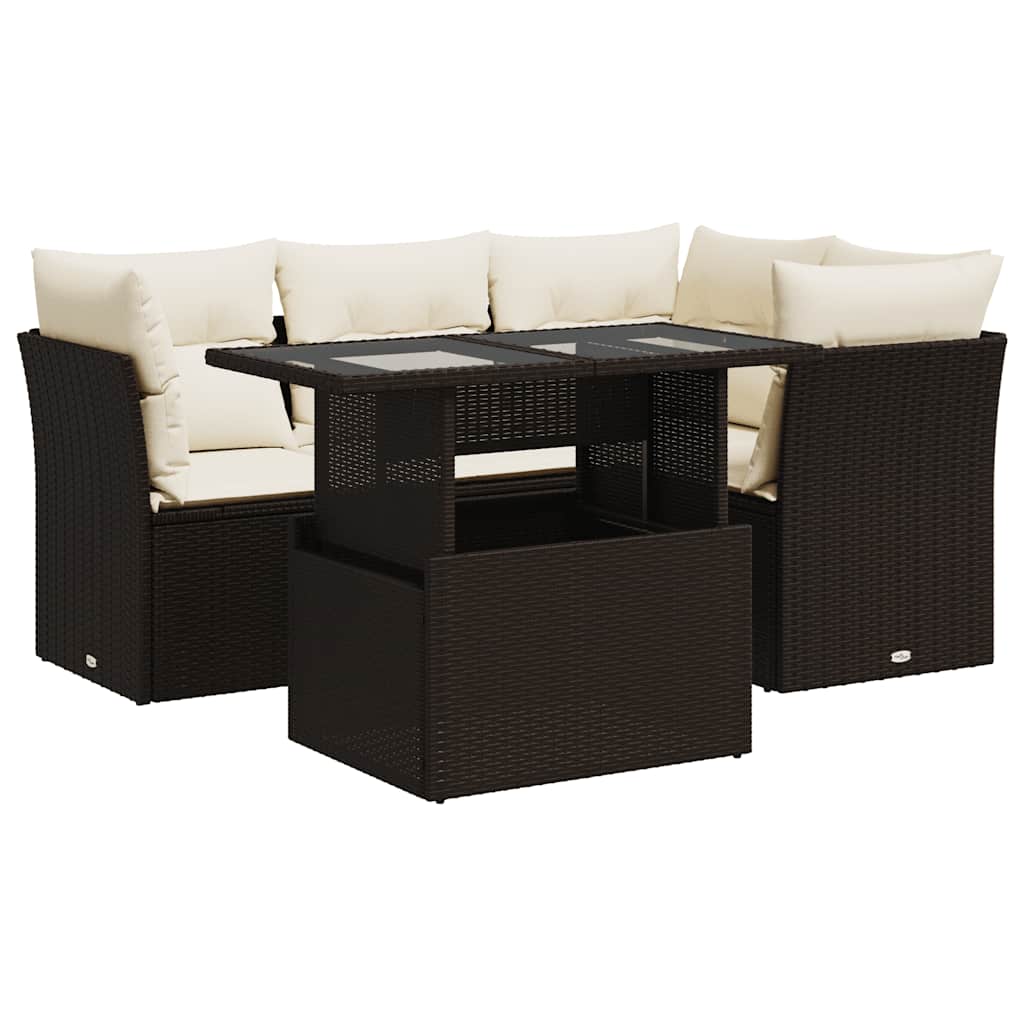 Set Divano da Giardino 5 pz con Cuscini Marrone in Polyrattan