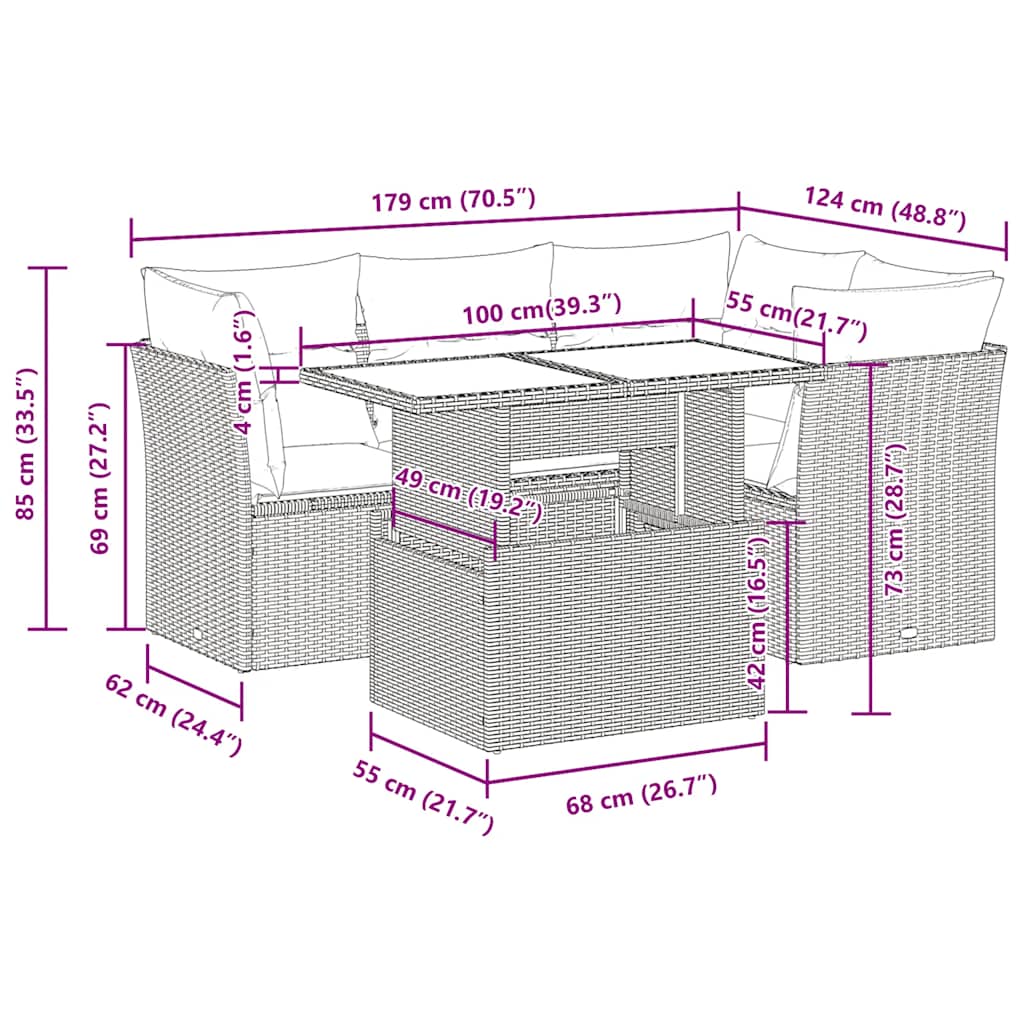 Set Divano da Giardino 5 pz Cuscini Marrone Polyrattan e Acacia