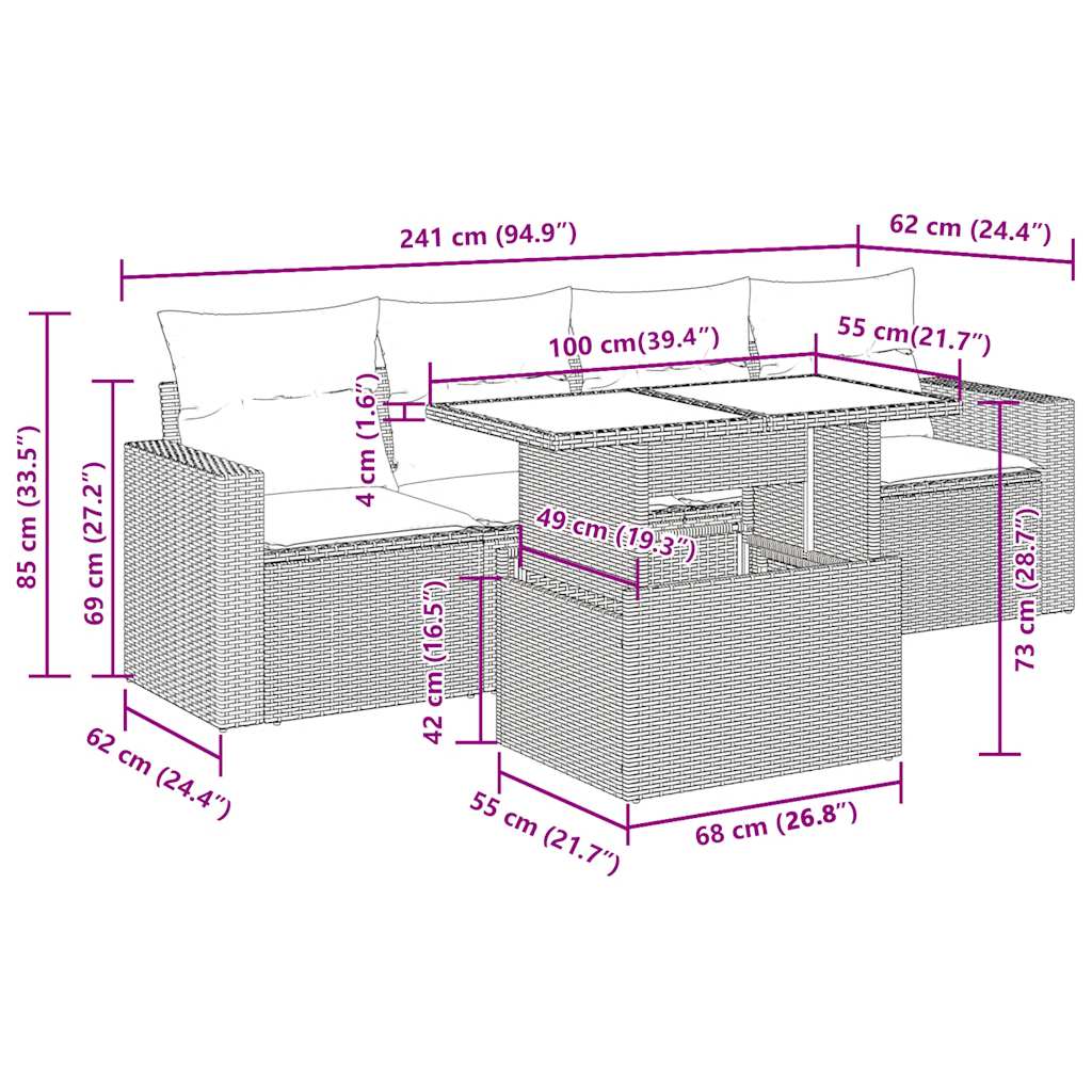 Set Divani da Giardino 5 pz con Cuscini in Polyrattan Nero