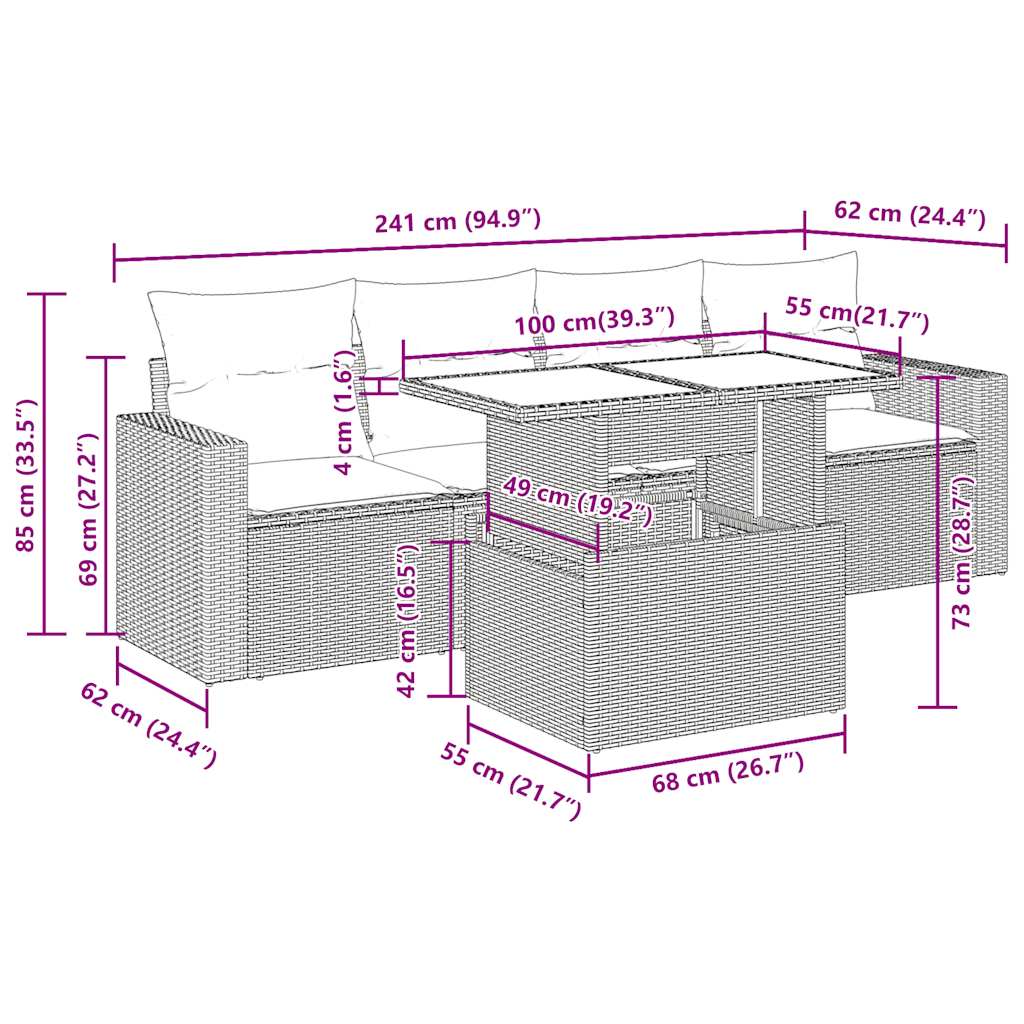 Set Divani da Giardino 5 pz con Cuscini Nero Polyrattan Acacia