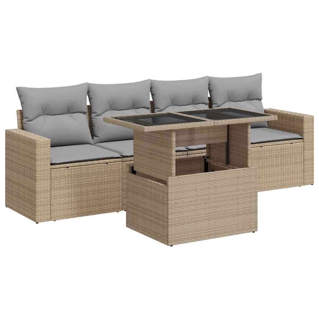 Set Divano da Giardino 5 pz con Cuscini Beige in Polyrattan