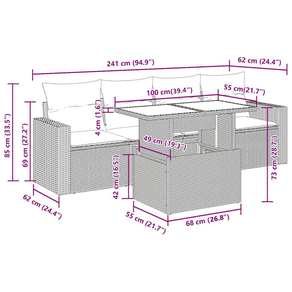 Set Divano da Giardino 5 pz con Cuscini Grigio in Polyrattan