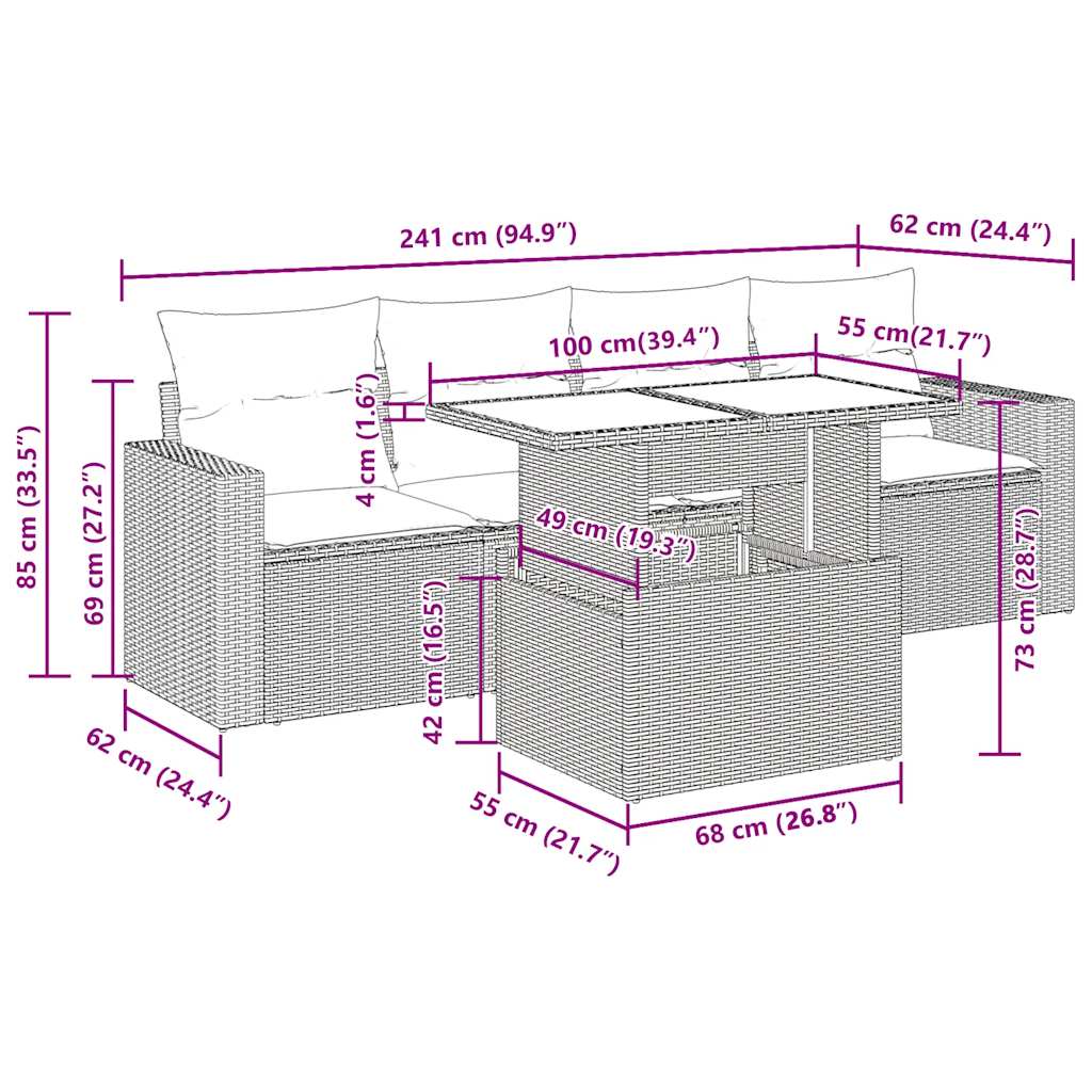 Set Divano da Giardino 5 pz con Cuscini Marrone in Polyrattan