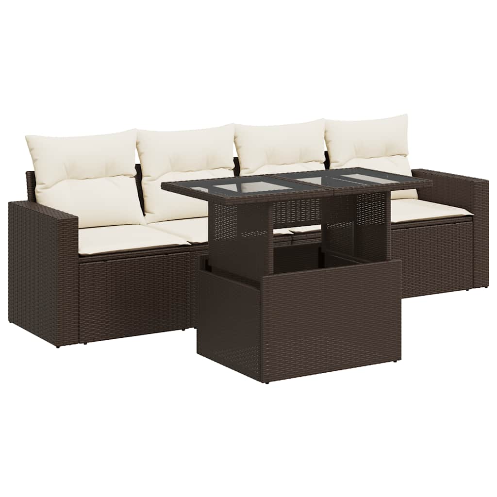 Set Divano da Giardino 5 pz con Cuscini Marrone in Polyrattan