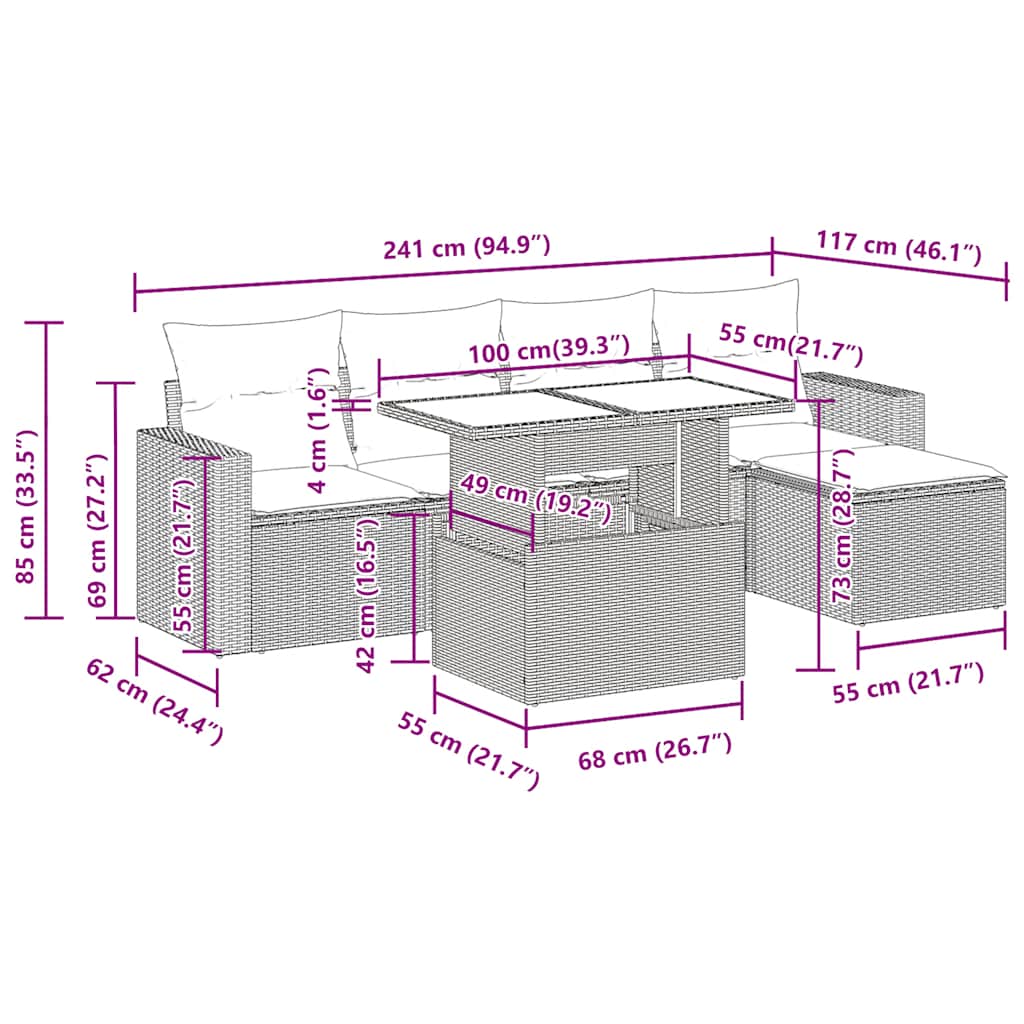 Set Divano da Giardino 6pz con Cuscini Grigio Polyrattan Acacia