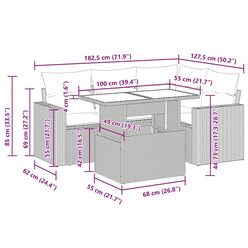 Set Divani da Giardino 5 pz con Cuscini in Polyrattan Nero