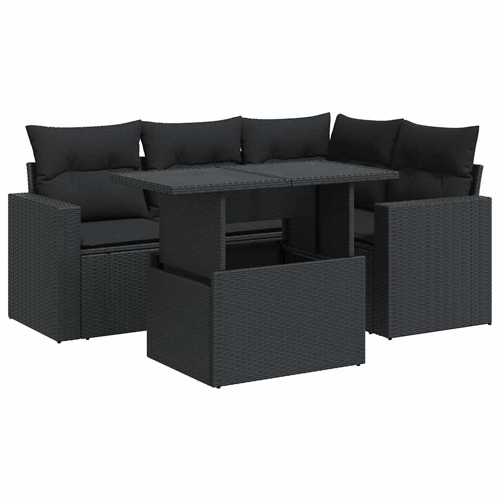 Set Divani da Giardino 5 pz con Cuscini in Polyrattan Nero