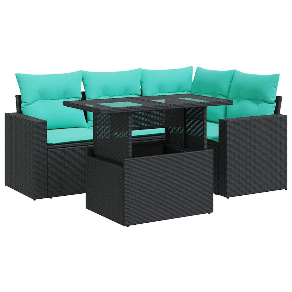 Set Divani da Giardino 5 pz con Cuscini Nero Polyrattan Acacia