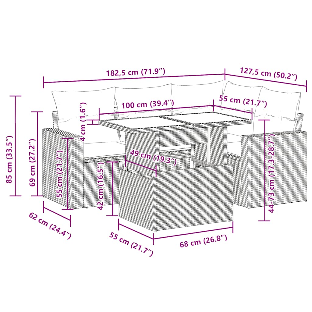 Set Divano da Giardino 5 pz con Cuscini Grigio in Polyrattan