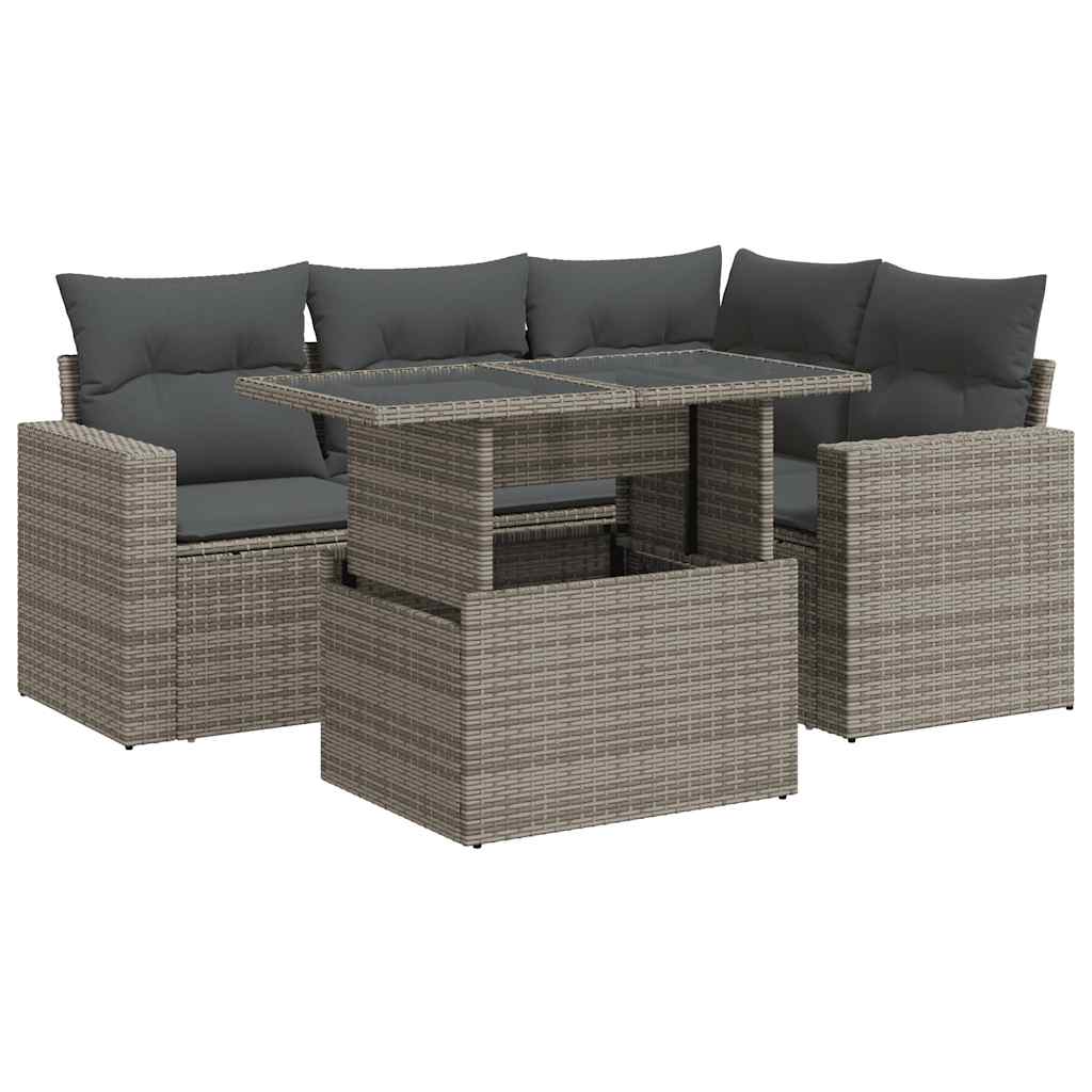 Set Divano da Giardino 5 pz con Cuscini Grigio in Polyrattan