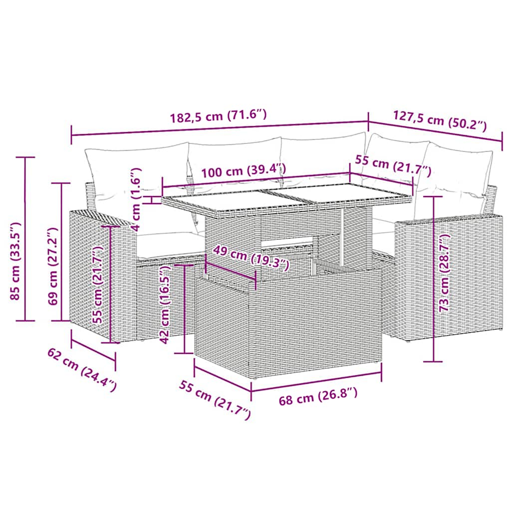 Set Divano da Giardino 5 pz Cuscini Marrone Polyrattan e Acacia