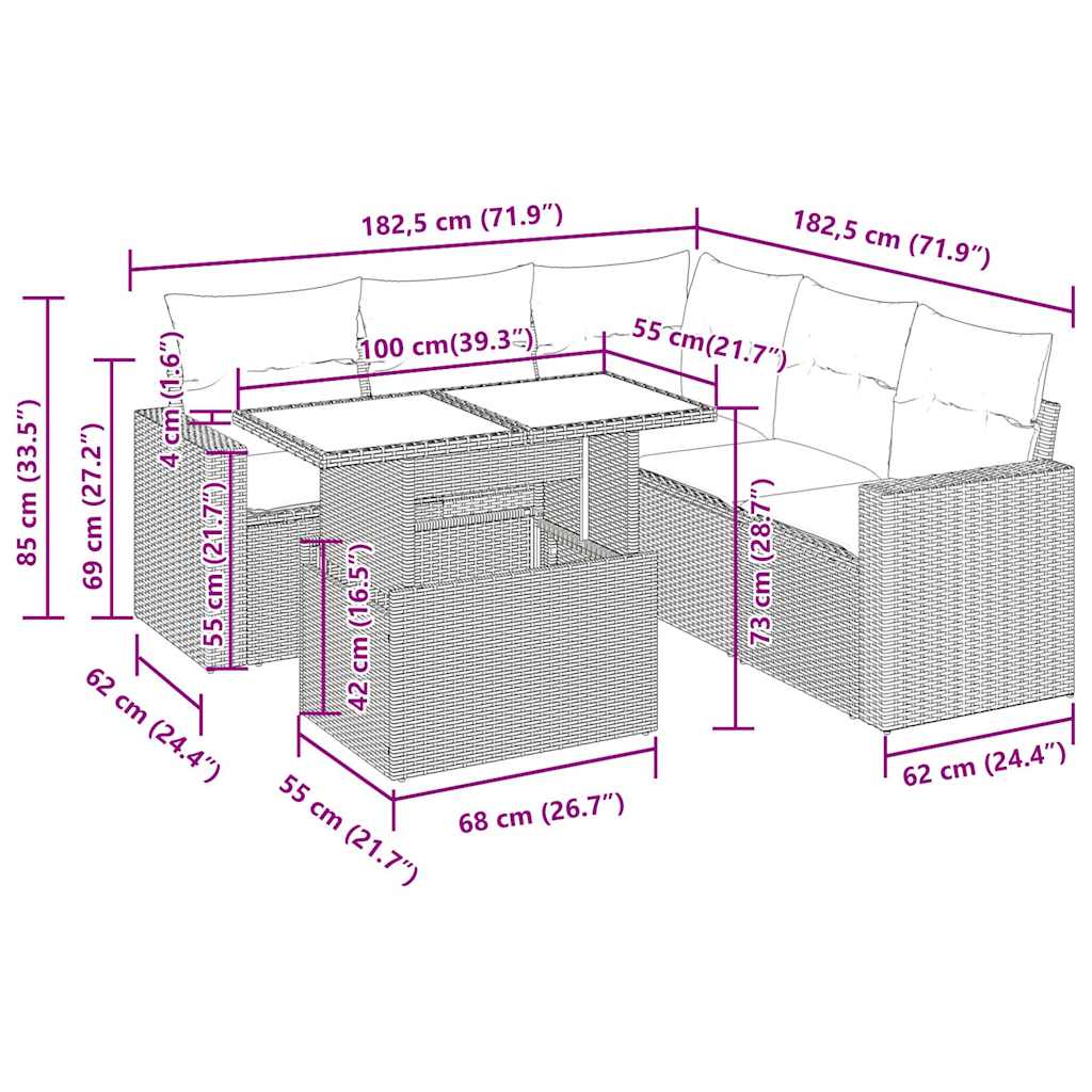 Set Divano da Giardino 6pz con Cuscini Grigio Polyrattan Acacia