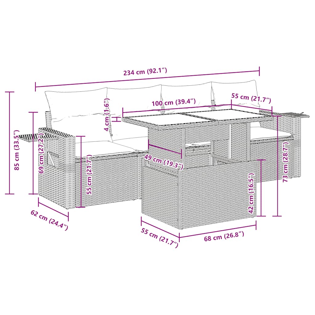 Set Divano da Giardino 5 pz con Cuscini Grigio in Polyrattan
