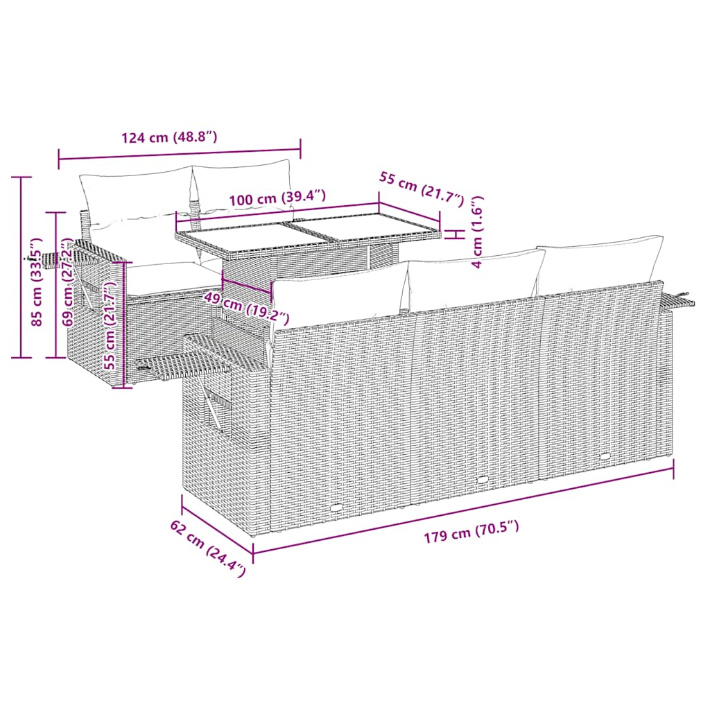 Set Divano da Giardino 6 pz con Cuscini Grigio Polyrattan