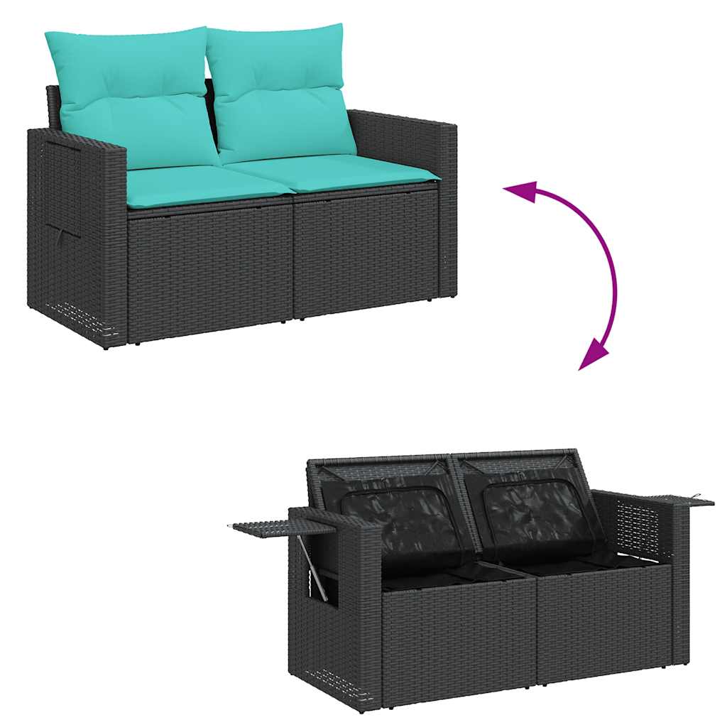 Set Divano da Giardino 5 pz Cuscini Nero Polyrattan e Acacia