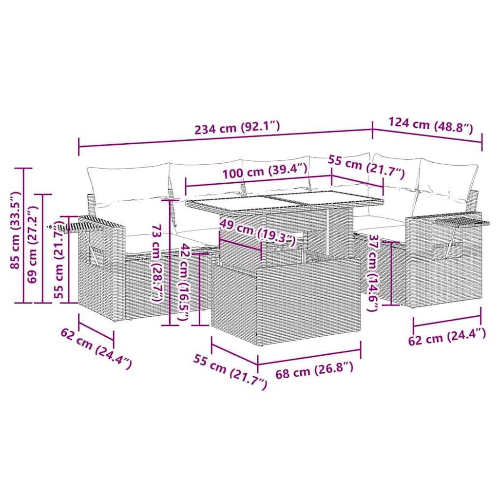 Set Divano da Giardino 6pz con Cuscini Grigio Polyrattan Acacia