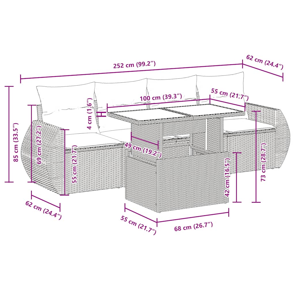 Set Divani da Giardino 5 pz con Cuscini Nero Polyrattan Acacia