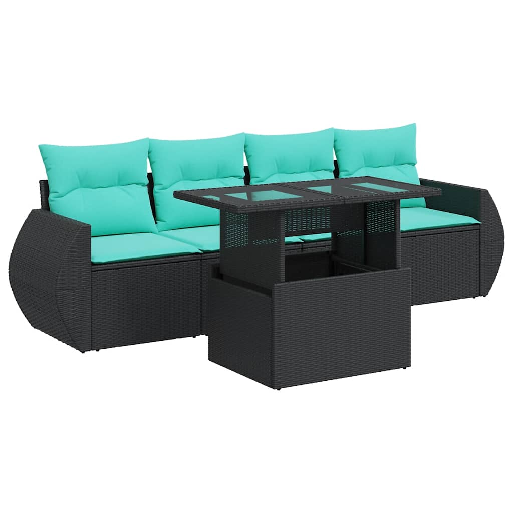 Set Divani da Giardino 5 pz con Cuscini Nero Polyrattan Acacia