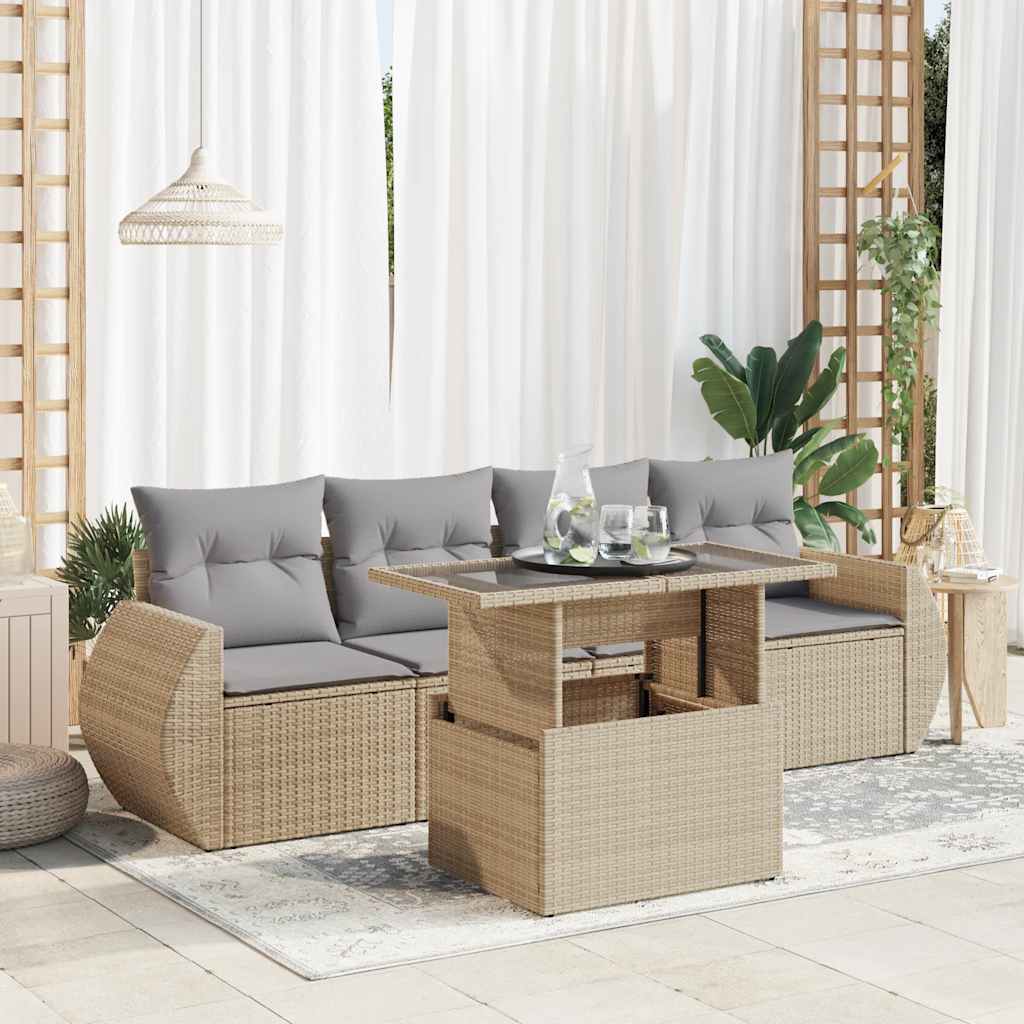 Set Divano da Giardino 5 pz con Cuscini Beige in Polyrattan