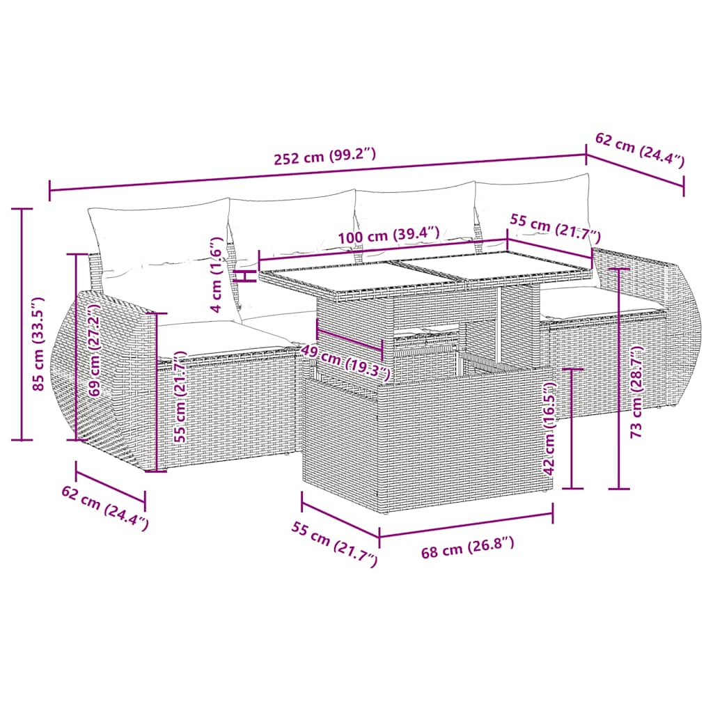 Set Divano da Giardino 5 pz con Cuscini Beige in Polyrattan