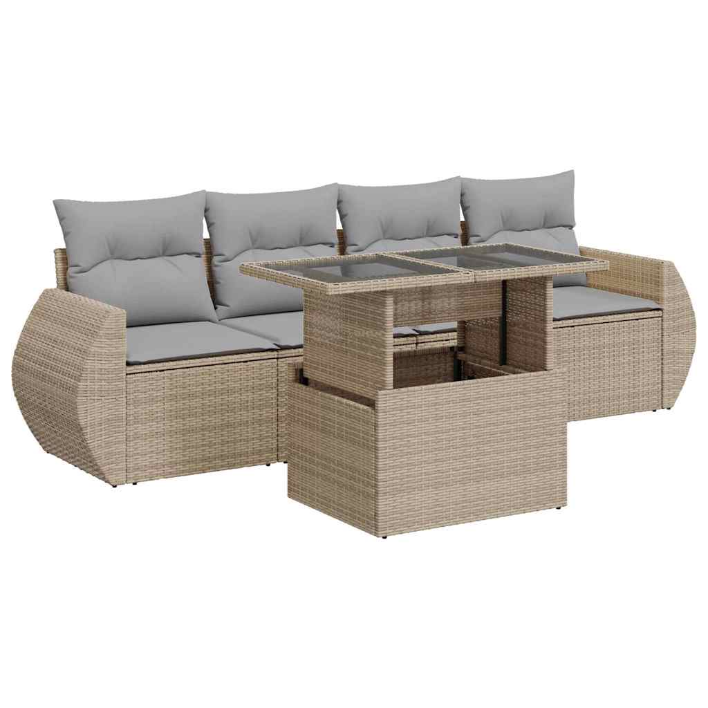 Set Divano da Giardino 5 pz con Cuscini Beige in Polyrattan