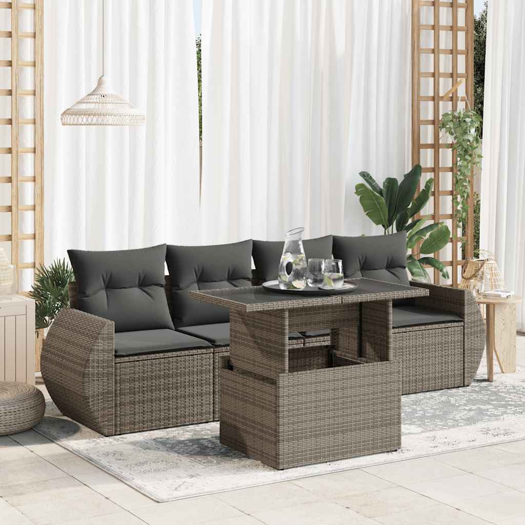 Set Divano da Giardino 5 pz con Cuscini Grigio in Polyrattan