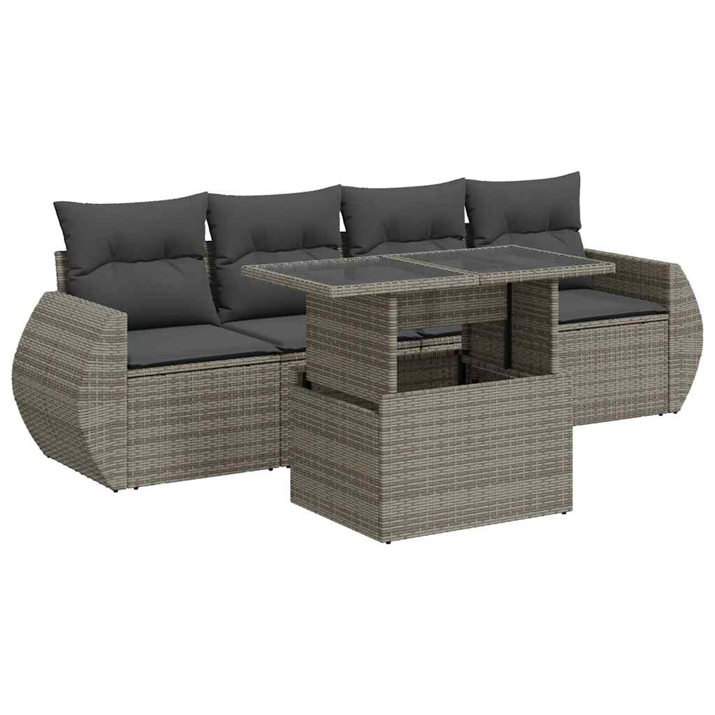 Set Divano da Giardino 5 pz con Cuscini Grigio in Polyrattan