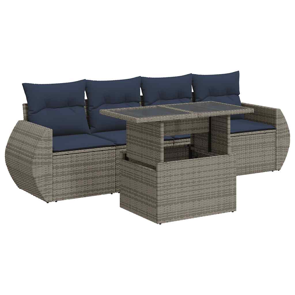 Set Divano Giardino 5 pz con Cuscini Grigio Polyrattan Acacia