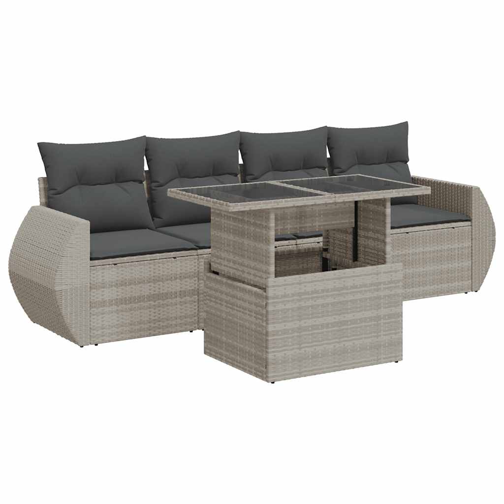 Set Divano da Giardino 5pz con Cuscini Grigio Chiaro Polyrattan