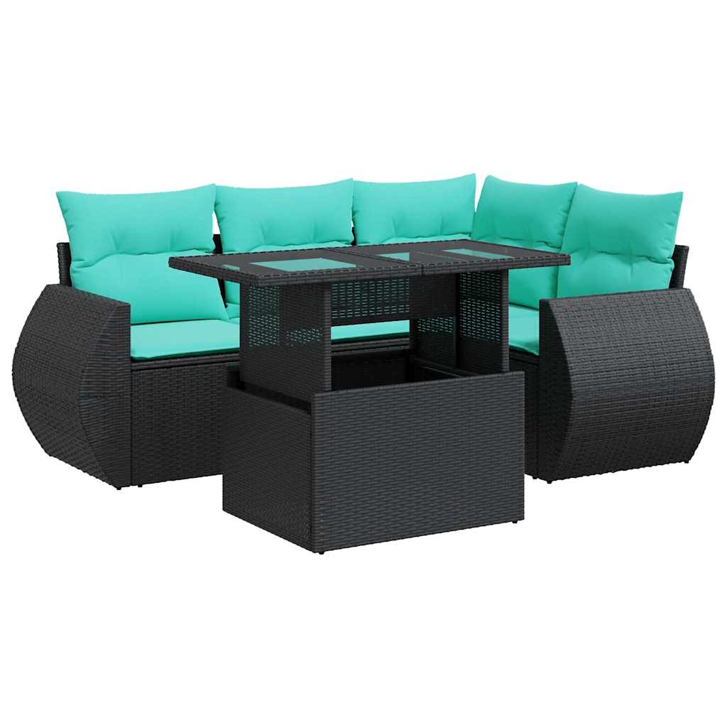 Set Divani da Giardino 5 pz con Cuscini Nero Polyrattan Acacia