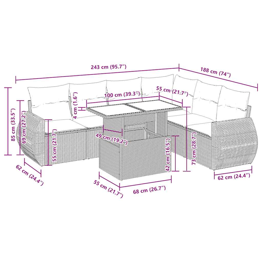 Set Divani Giardino 7 pz con Cuscini Marrone Polyrattan Acacia