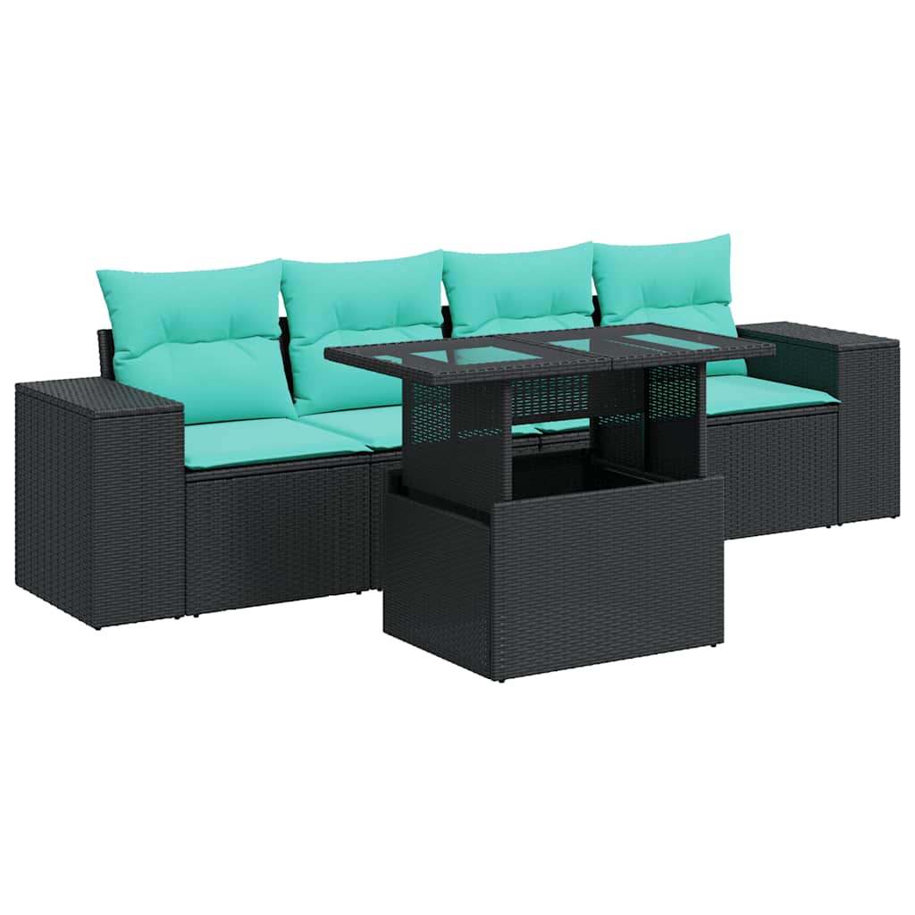 Set Divani da Giardino 5 pz con Cuscini Nero Polyrattan Acacia