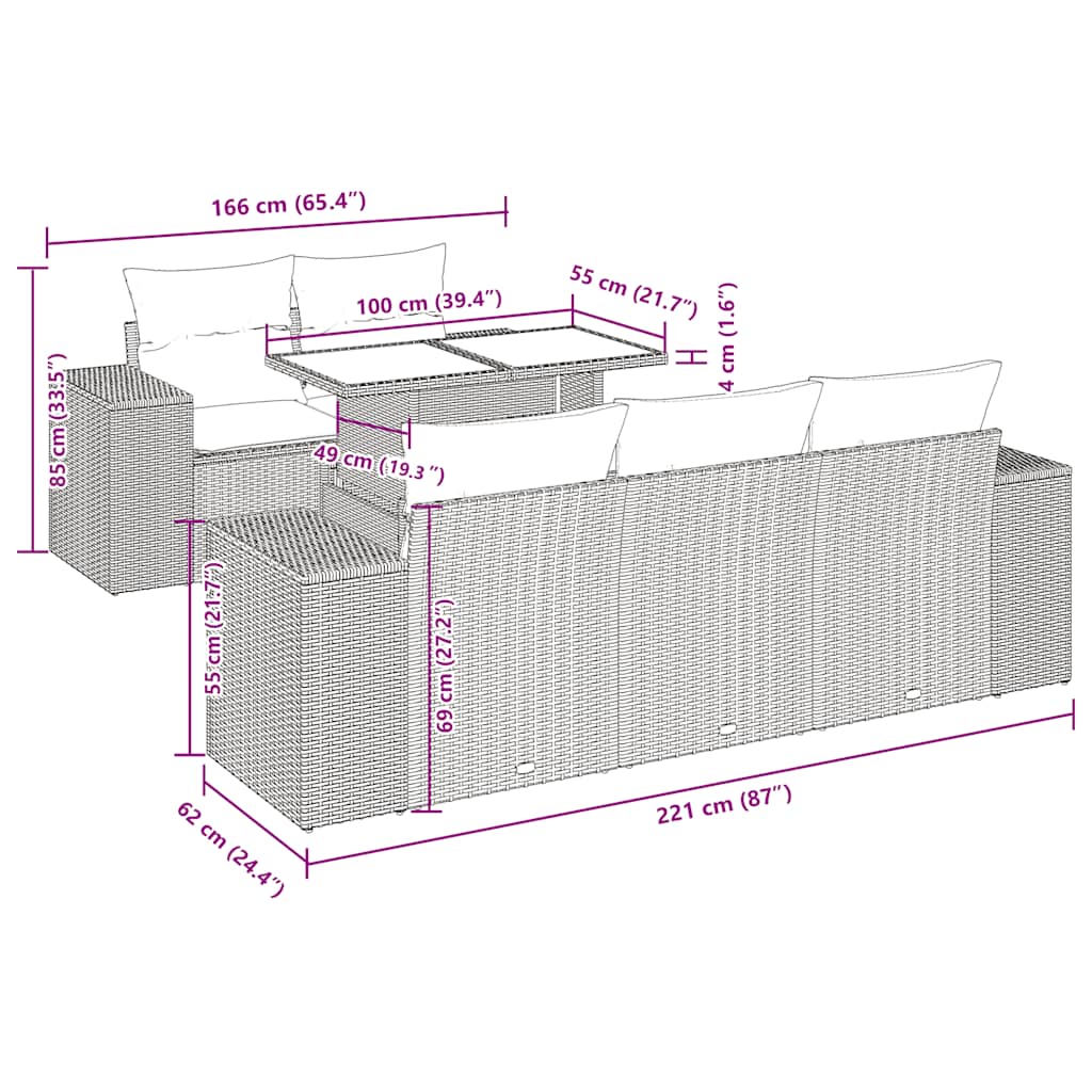 Set Divano da Giardino 6 pz con Cuscini Nero in Polyrattan