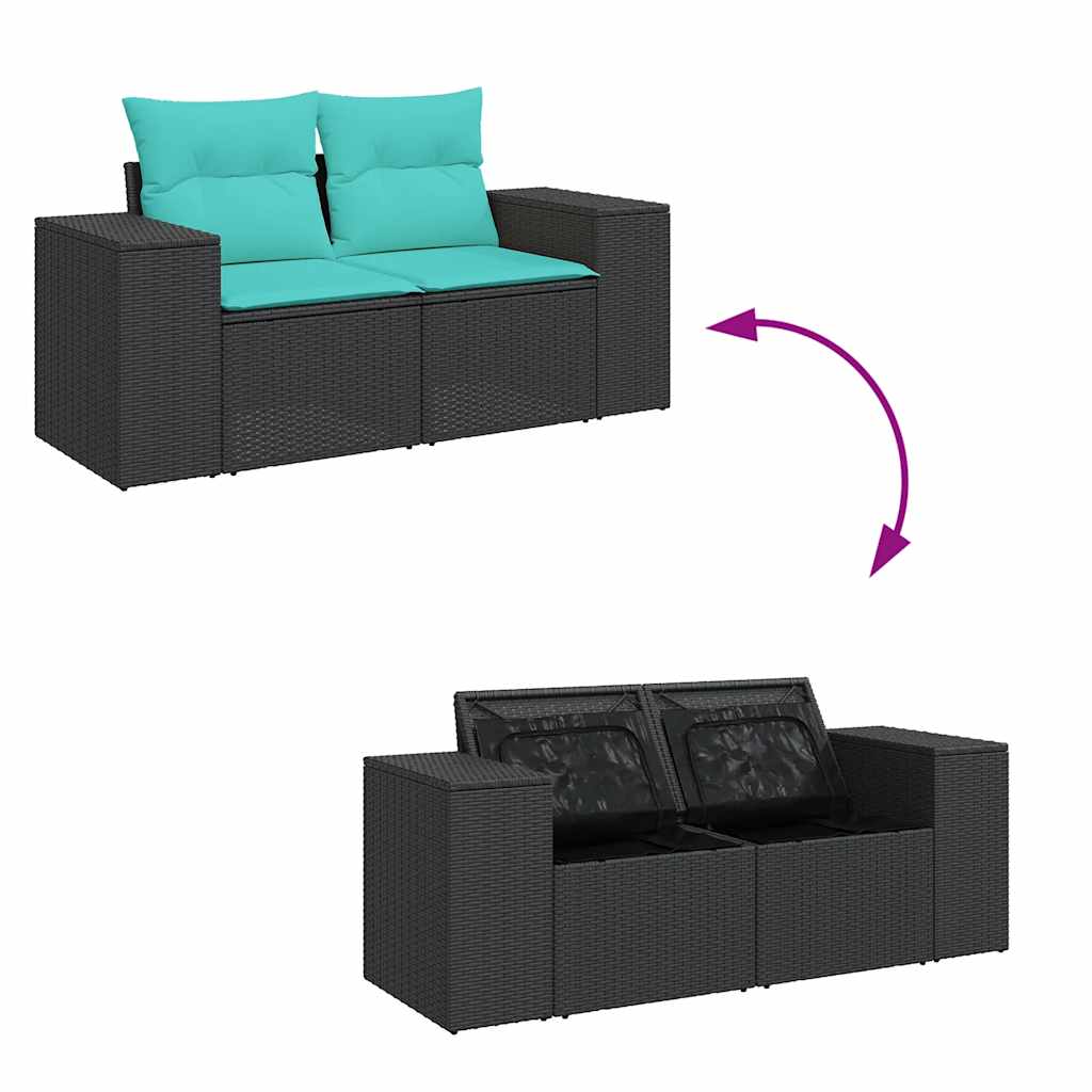 Set Divano da Giardino 5 pz con Cuscini Nero Polyrattan Acacia