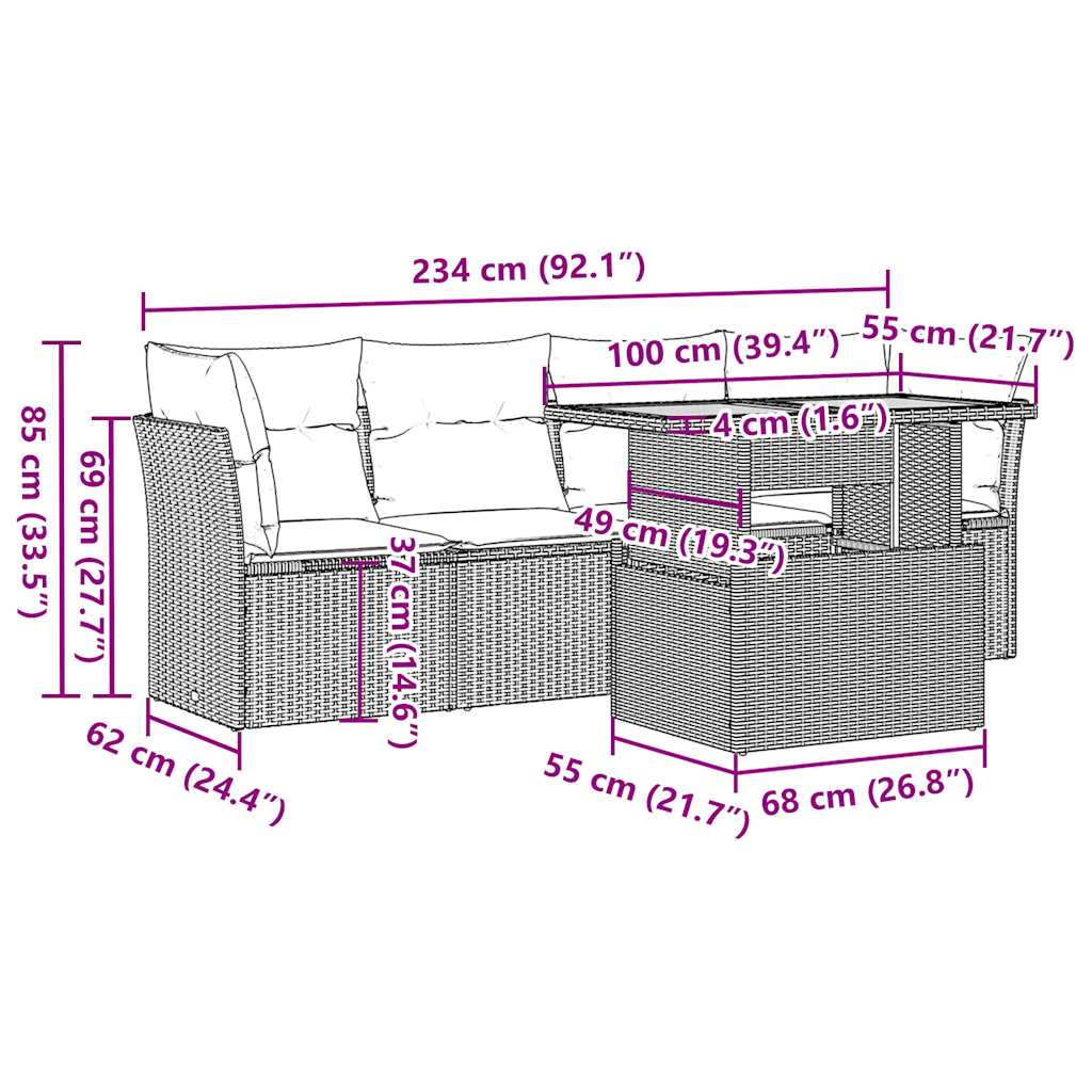Set Divano da Giardino 5 pz con Cuscini Beige in Polyrattan