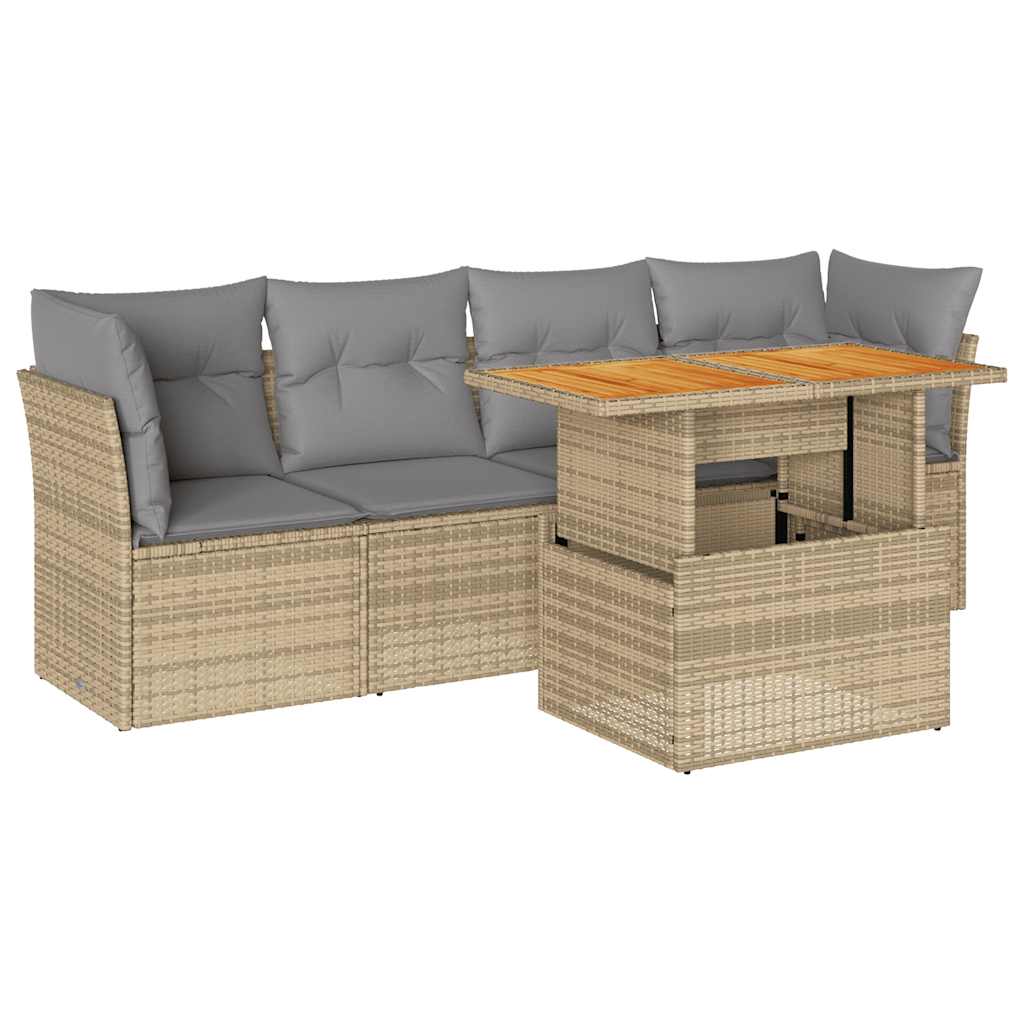 Set Divano da Giardino 5 pz con Cuscini Beige in Polyrattan