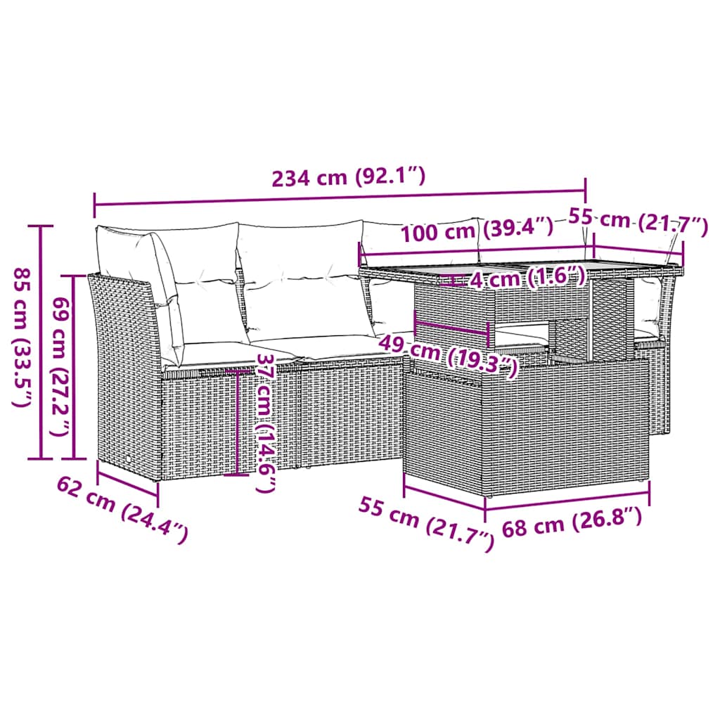 Set Divano da Giardino 5 pz con Cuscini Grigio in Polyrattan