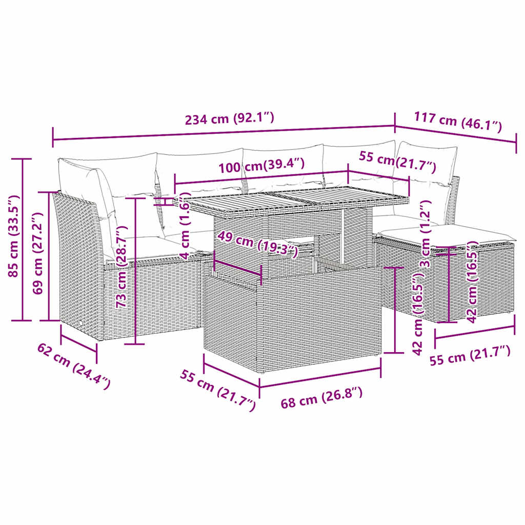 Set Divano da Giardino 6 pz con Cuscini Nero in Polyrattan