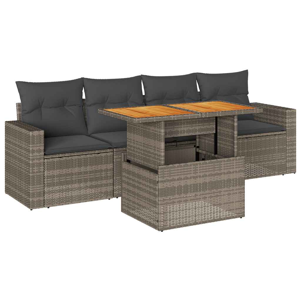Set Divano da Giardino 5 pz con Cuscini Grigio in Polyrattan