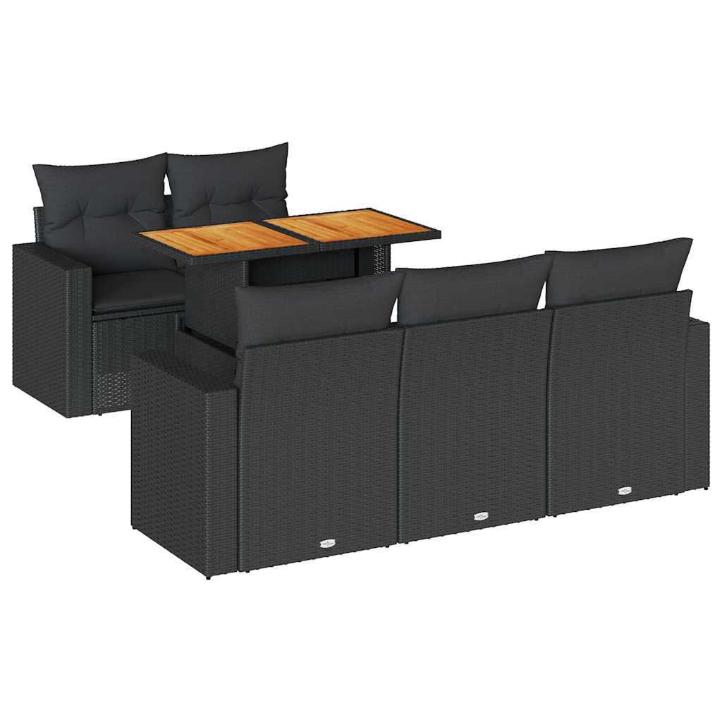 Set Divano da Giardino 6 pz con Cuscini Nero in Polyrattan