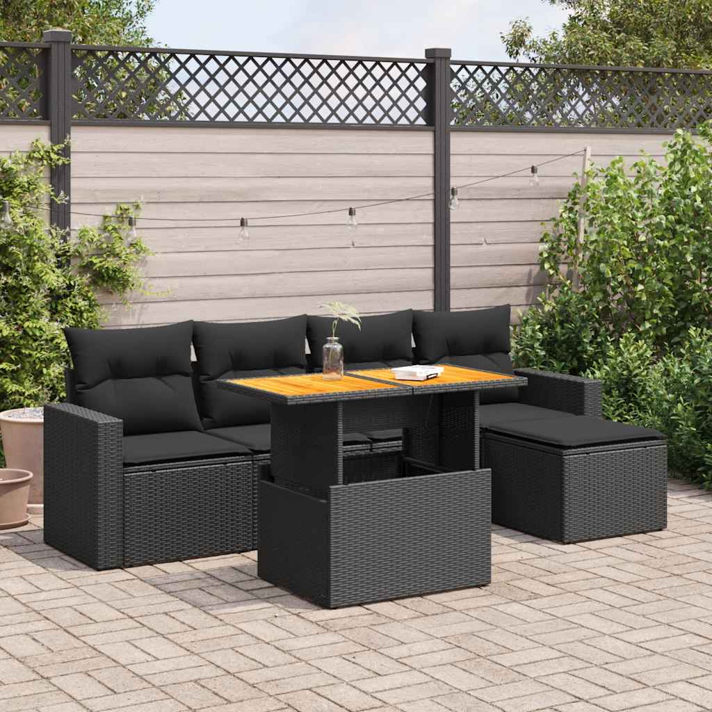 Set Divano da Giardino 6 pz con Cuscini Nero in Polyrattan