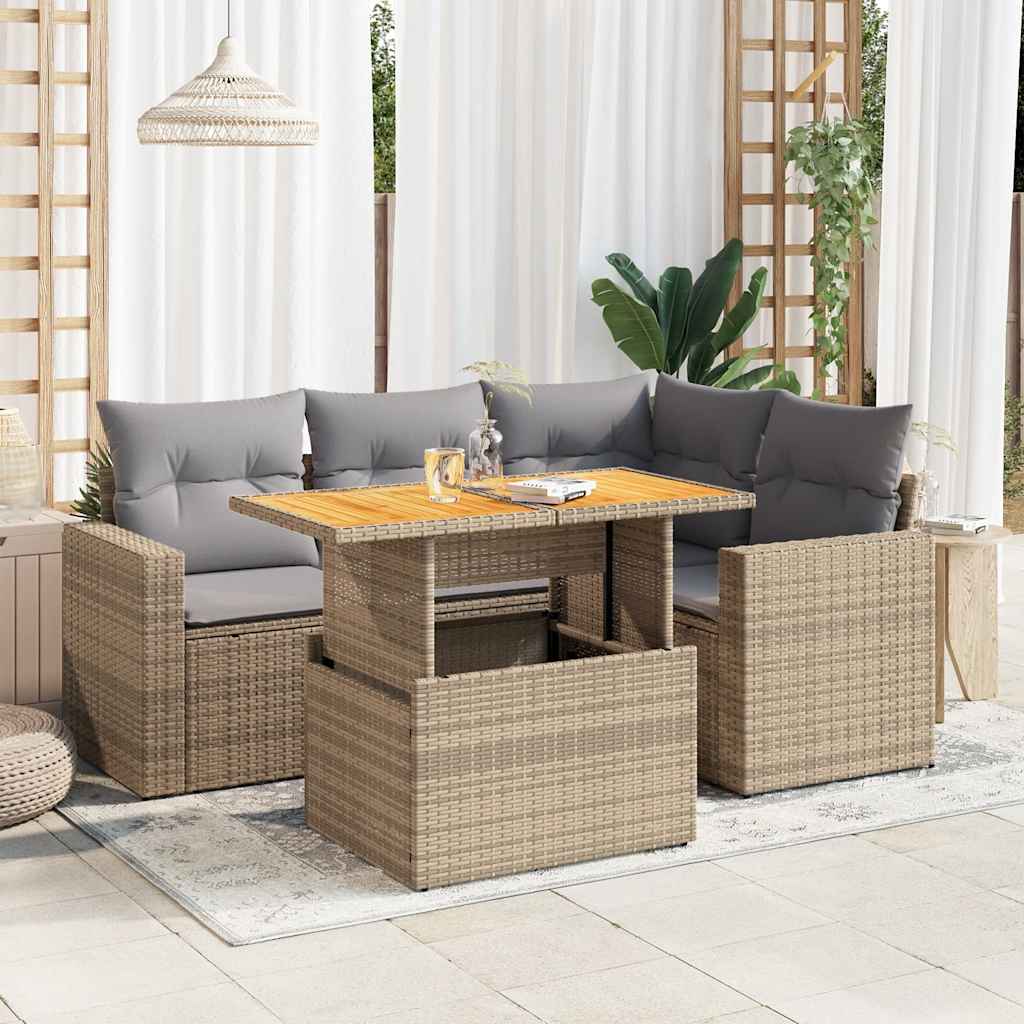 Set Divano da Giardino 5 pz con Cuscini Beige in Polyrattan