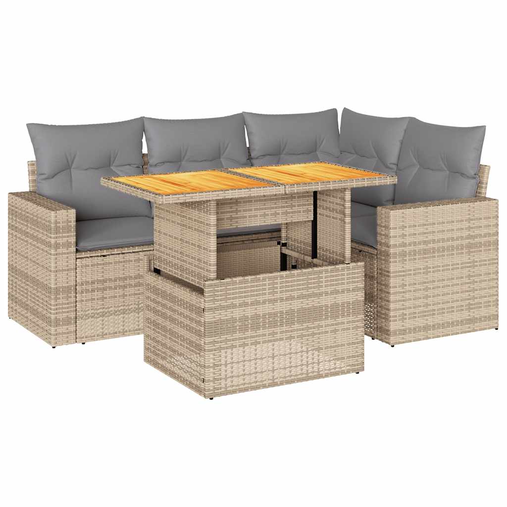 Set Divano da Giardino 5 pz con Cuscini Beige in Polyrattan
