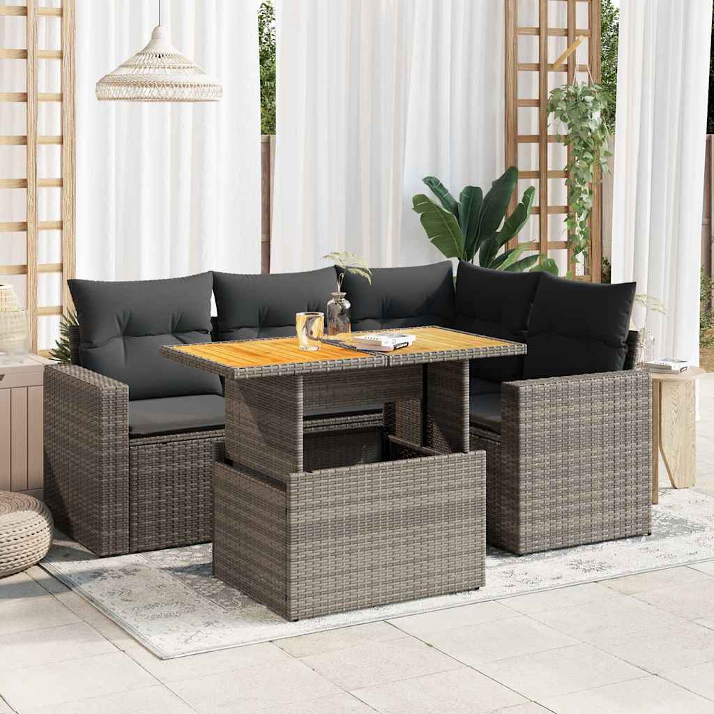 Set Divano da Giardino 5 pz con Cuscini Grigio in Polyrattan